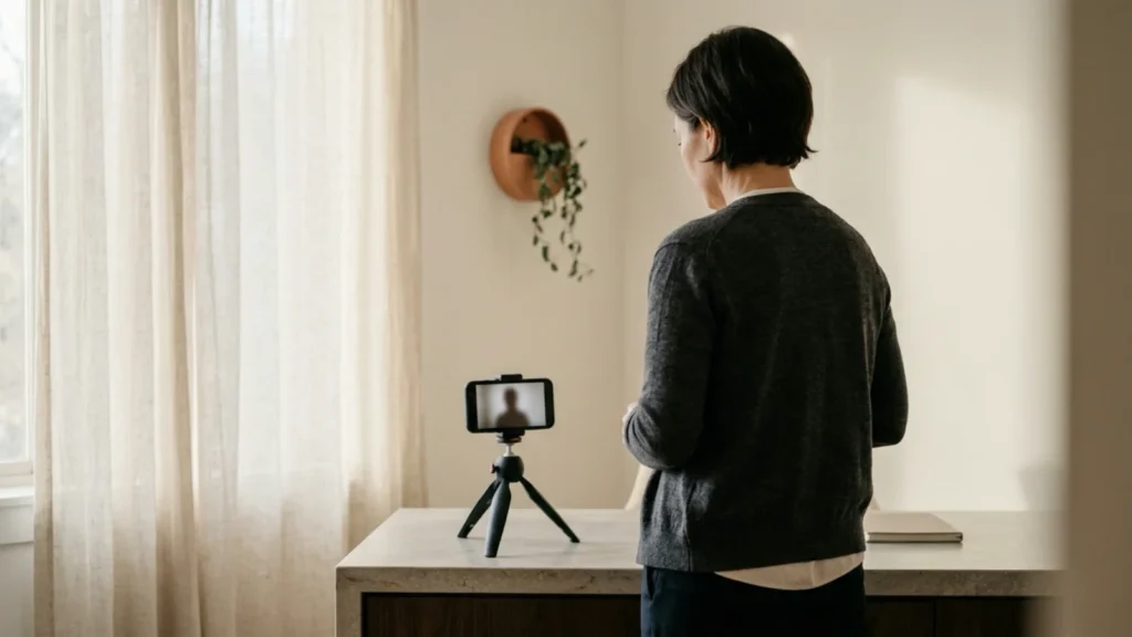 Marketing para psicólogos: divulgação ética e regras do CFP 10 Psicóloga de costas diante de celular em tripé sobre bancada, preparando a gravação de um vídeo educativo.