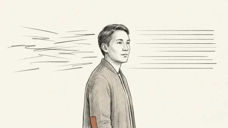 Ilustração em carvão mostra um homem atento diante de linhas horizontais.