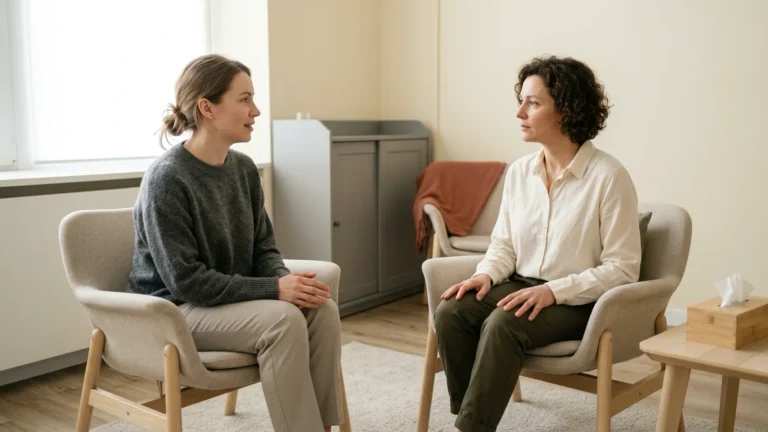 Duas mulheres conversam sentadas em poltronas numa sala clara.