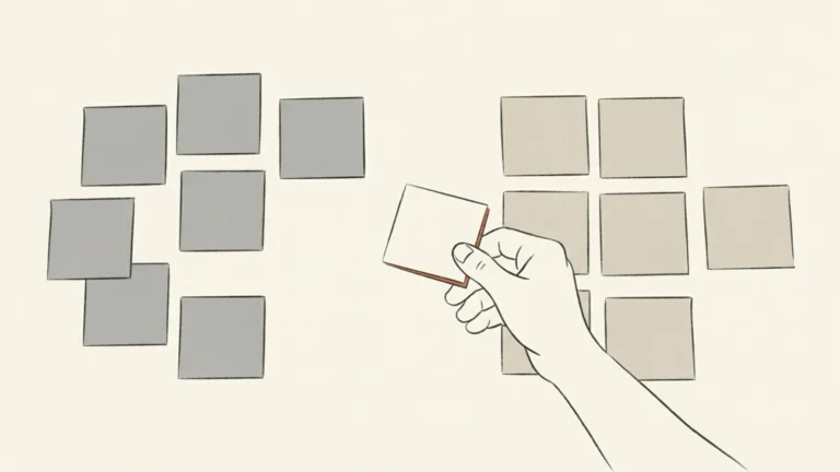 Ilustração mostra uma mão reposicionando um cartão em branco entre outros cartões.