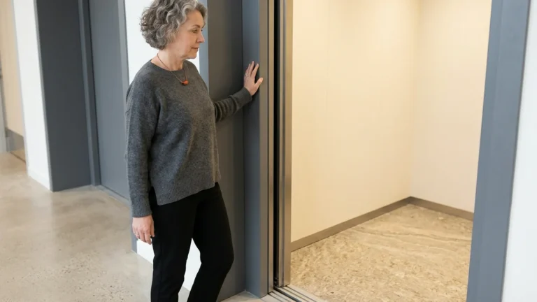 Mulher toca a moldura de uma porta de elevador aberta.