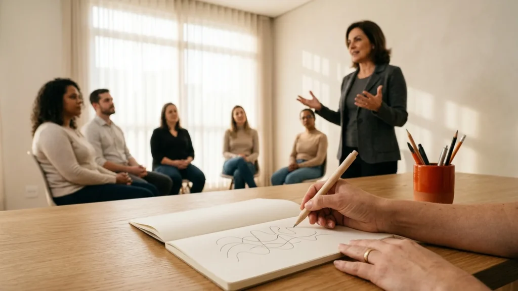Como aprender hipnose: um roteiro para iniciantes 5 Mãos desenhando diagrama em caderno sobre mesa de madeira durante oficina com instrutora gesticulando ao fundo.