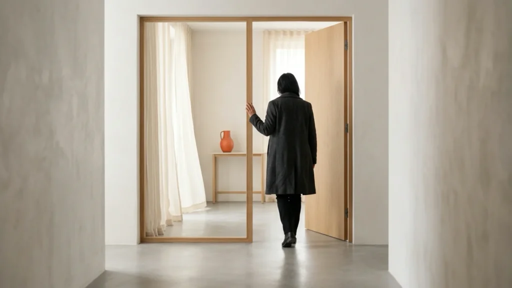 Como escolher um psicoterapeuta 5 Pessoa de casaco escuro abre a porta e entra em uma sala de atendimento clara, vista de costas.
