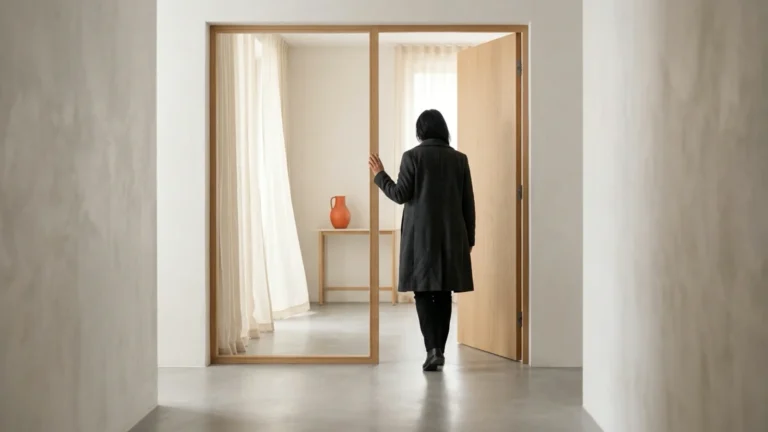 Pessoa de casaco escuro abre a porta e entra em uma sala de atendimento clara, vista de costas.