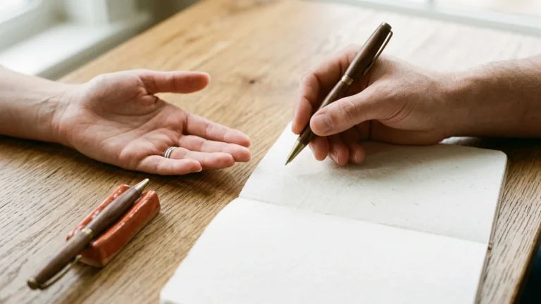 Duas mãos sobre mesa de madeira, uma aberta e outra segurando caneta sobre caderno em branco com apoio alaranjado.