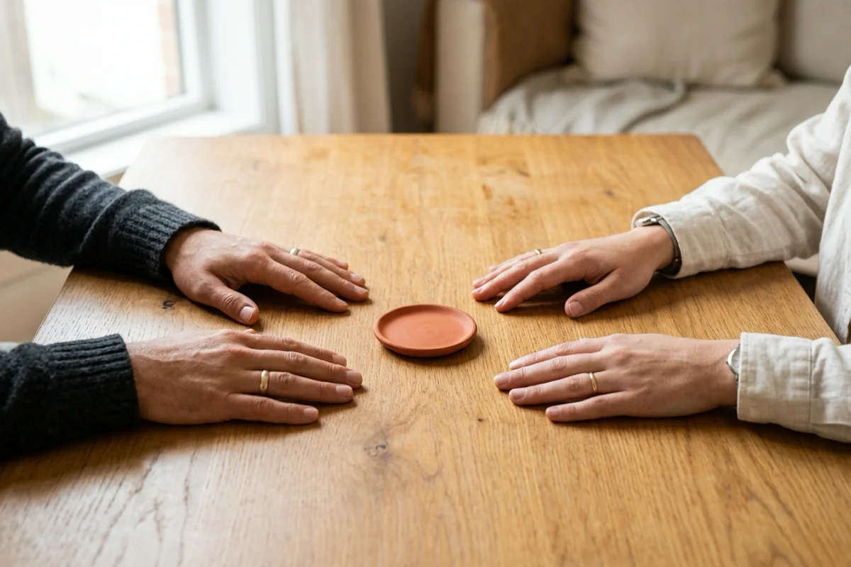 Mãos sobre mesa de carvalho mantendo distância respeitosa em torno de pequeno disco cerâmico terracota.