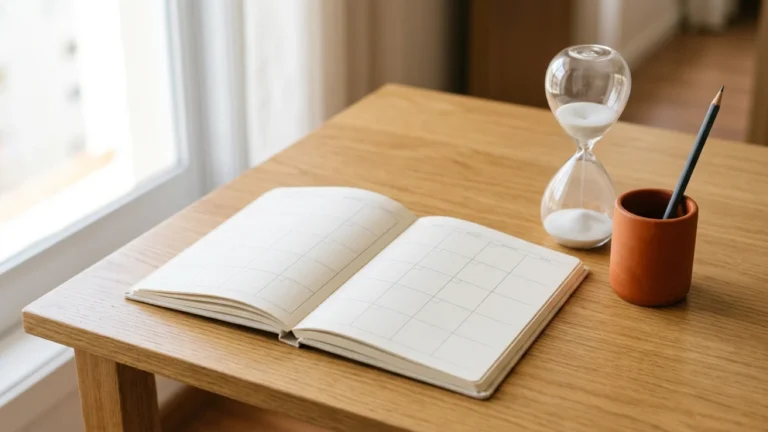 Caderno de planejamento semanal aberto em branco com lápis, ampulheta e porta-lápis terracota na mesa.