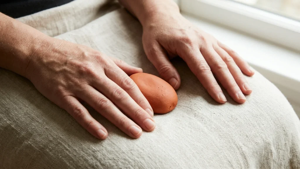 Mãos adultas repousando sobre tecido de linho claro ao lado de pedra cerâmica terracota para ancoragem sensorial.
