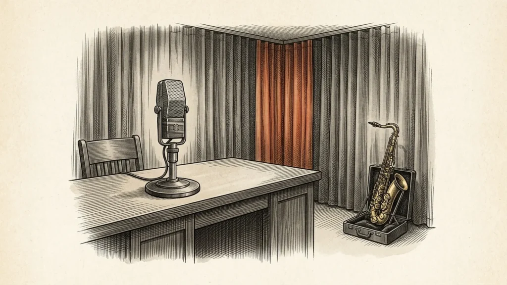 Gravura de estúdio de rádio dos anos 1930 com microfone de fita sobre mesa e saxofone ao fundo em papel antigo.