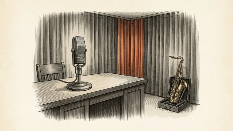 Gravura de estúdio de rádio dos anos 1930 com microfone de fita sobre mesa e saxofone ao fundo em papel antigo.