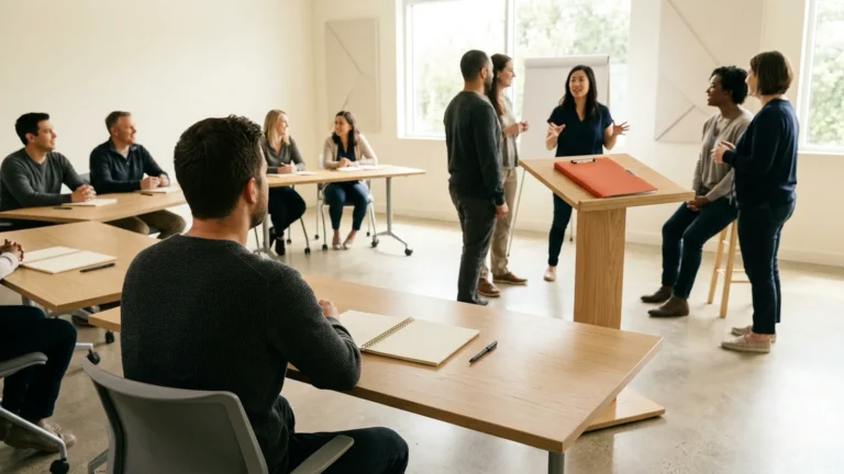 Sala de treinamento profissional com participantes em semicírculo e facilitadora de pé com pasta terracota.