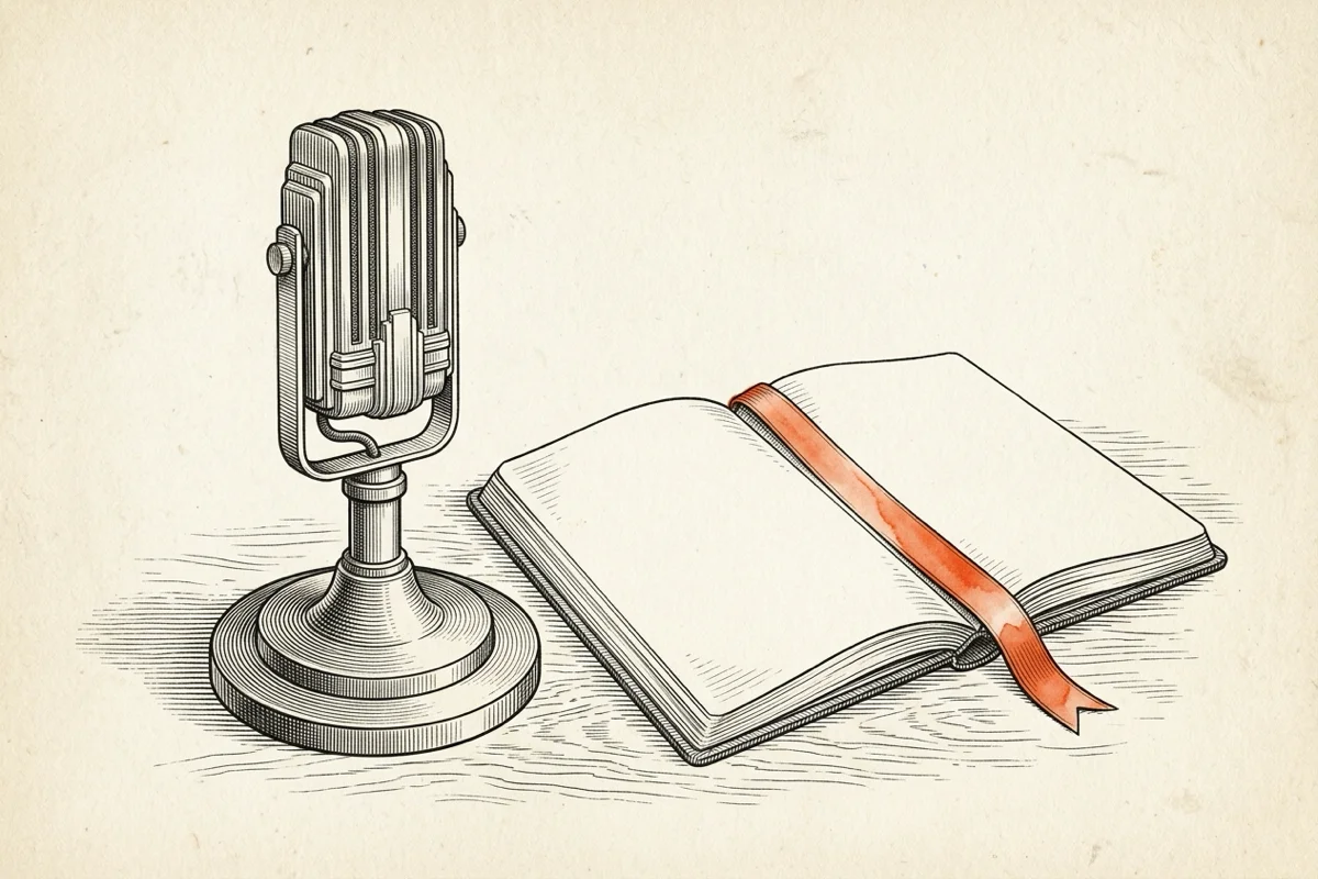 Dave Elman: vida e contribuições à hipnose 1 Gravura histórica de microfone de fita dos anos 1930 ao lado de livro aberto com fita marcadora terracota.