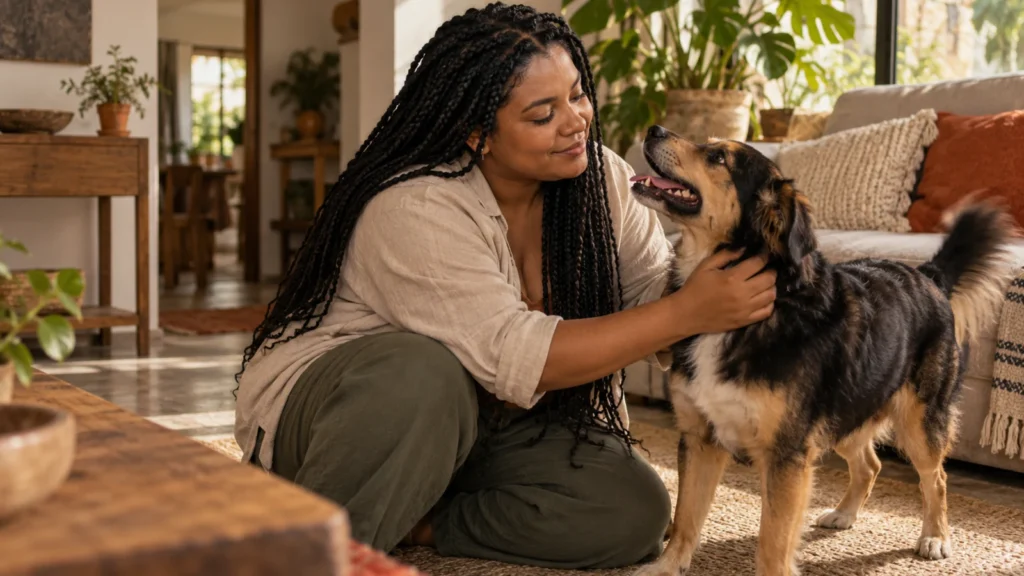 Mulher sorri enquanto brinca com o cachorro na sala de casa.