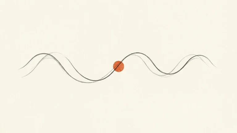Ilustração conceitual em carvão de ondas paralelas harmonizadas com ponto de pulso terracota sobre papel.
