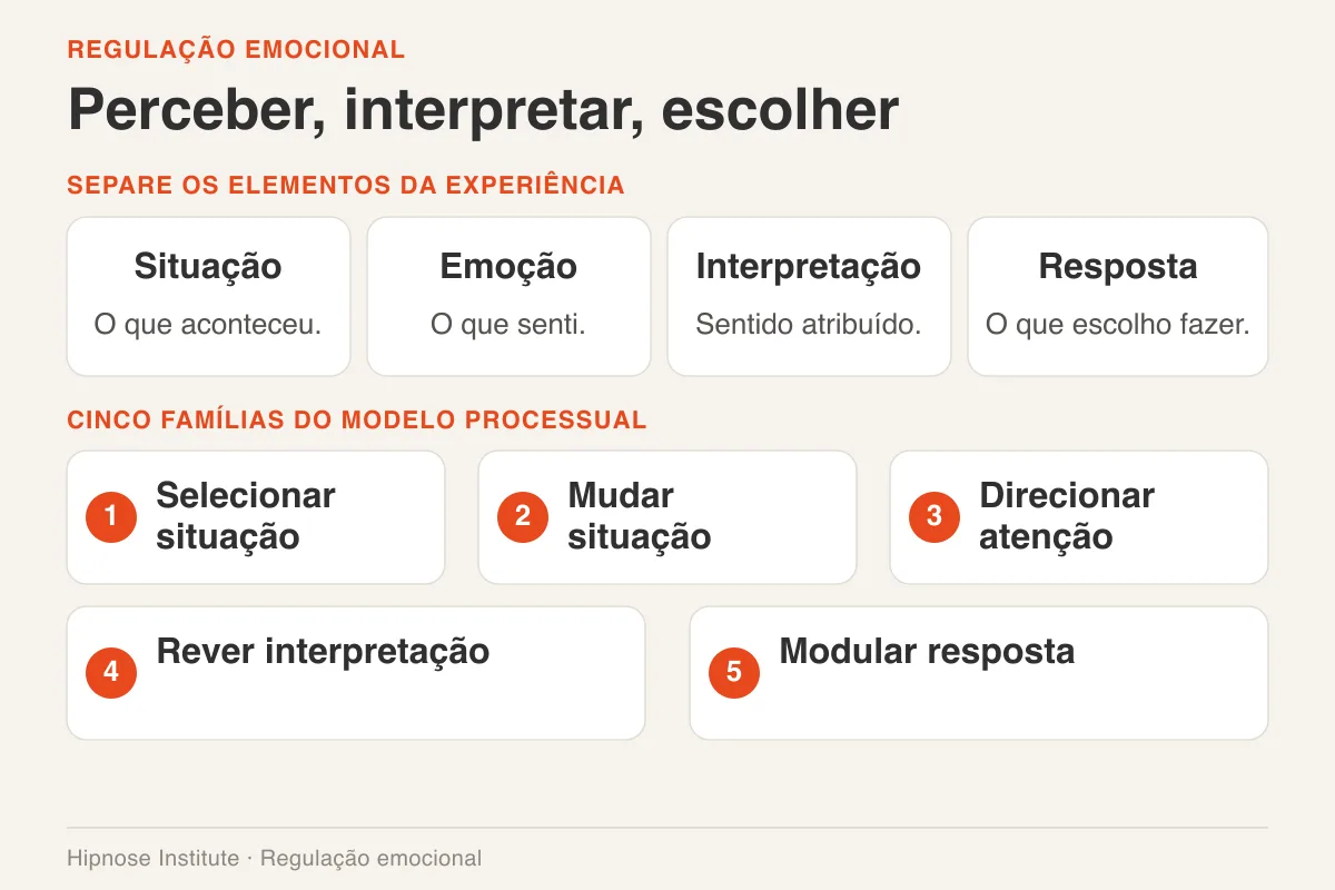 Quatro cartões separam situação, emoção, interpretação e resposta; cinco mostram pontos de regulação.