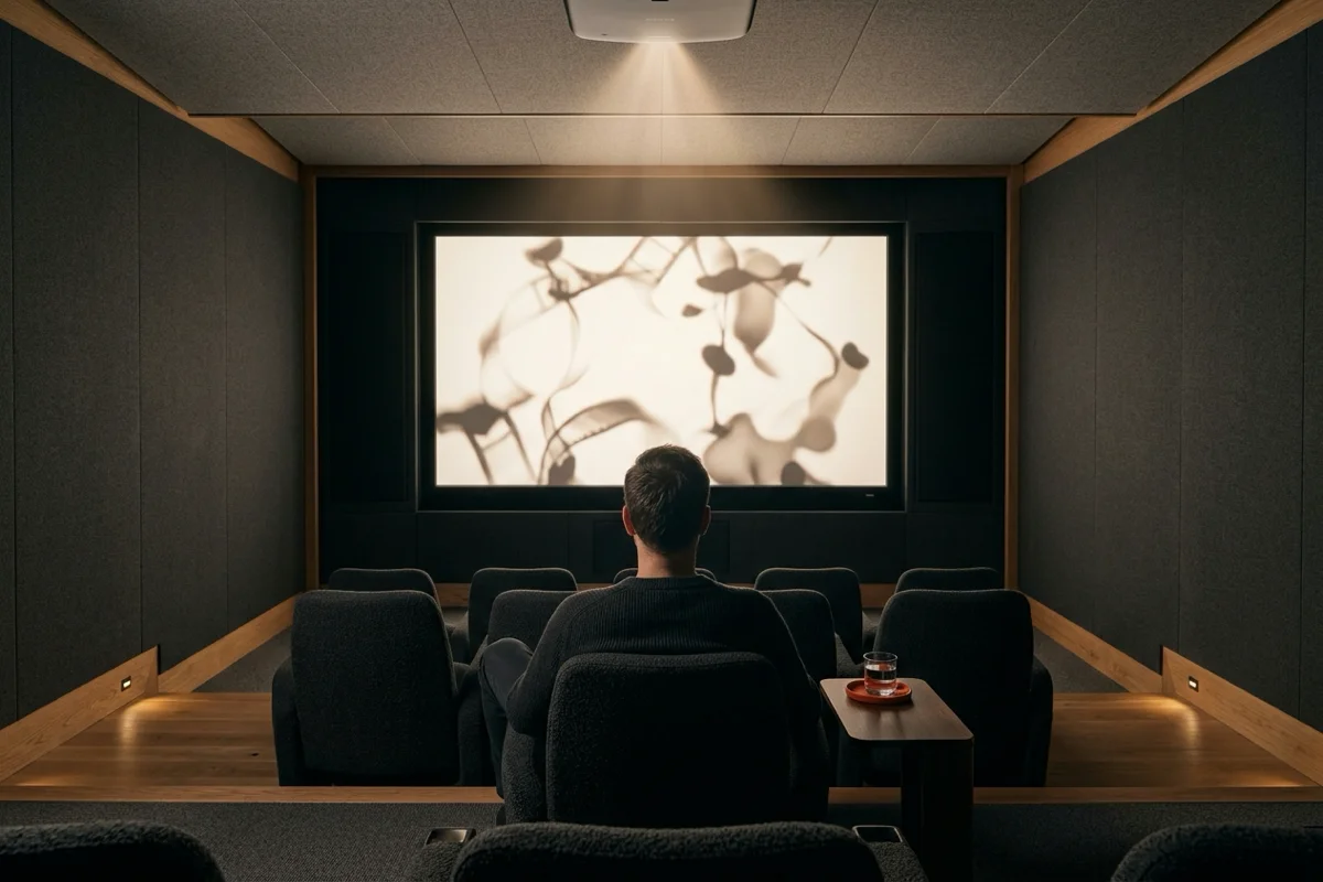 Pessoa de costas em sala de cinema privativa observando projeção abstrata de sombras em tela clara.