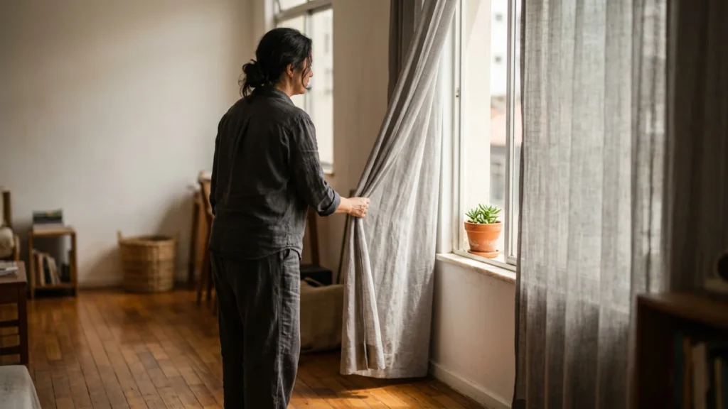 Pessoa abrindo cortinas de linho para a luz da manhã em sala serena com vaso de cerâmica na janela.