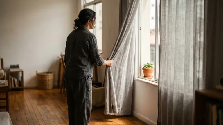 Pessoa abrindo cortinas de linho para a luz da manhã em sala serena com vaso de cerâmica na janela.