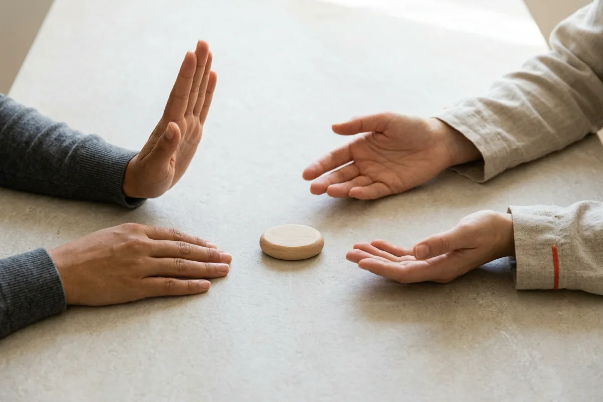 Uma palma erguida diante de outra mão aberta, com um pequeno objeto de madeira sobre a mesa.
