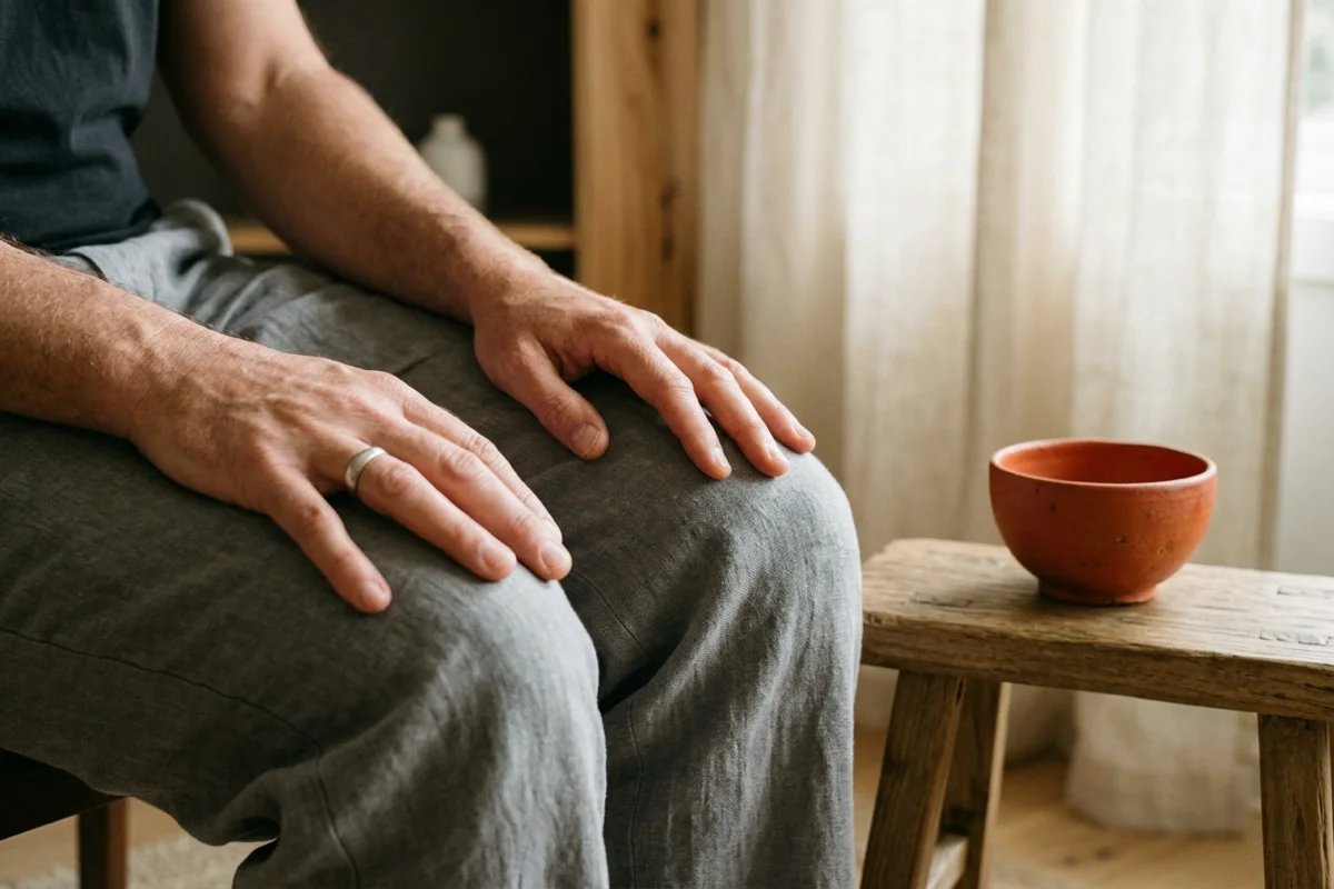 Mãos relaxadas repousando sobre os joelhos em postura calma ao lado de banco com tigela terracota.
