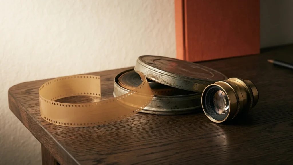 Carretel metálico de filme 35mm e lente óptica sobre mesa de madeira escura com iluminação lateral quente.