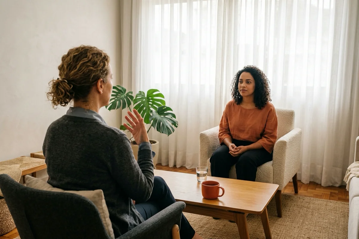 O que é hipnoterapia e como funciona 1 Terapeuta demonstrando gesto de atenção com a mão para cliente sentada atenta em consultório acolhedor.