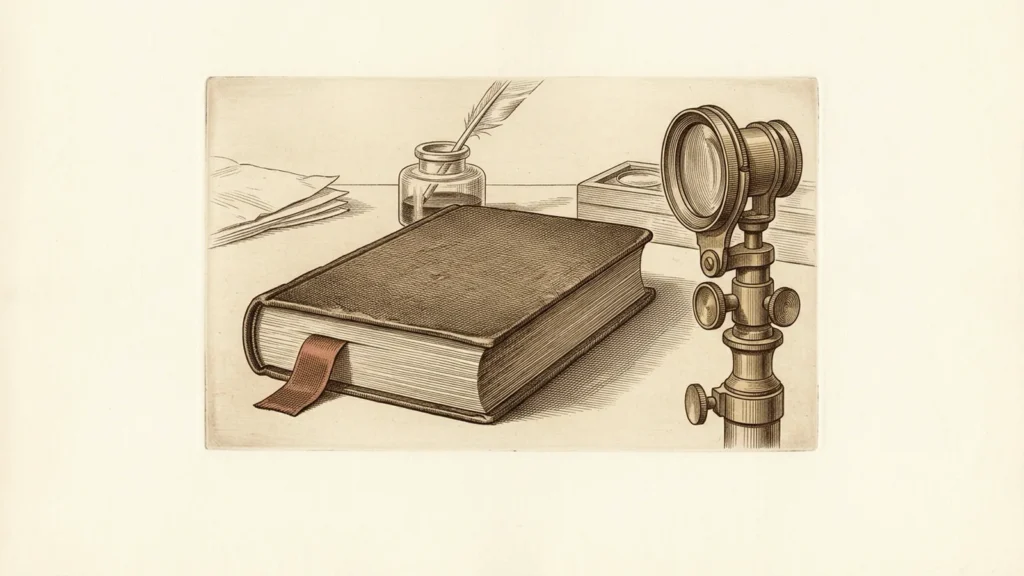 Livro encadernado sem título e lente de observação em uma gravura de época.