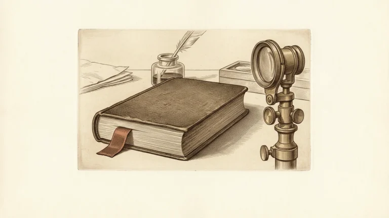Livro encadernado sem título e lente de observação em uma gravura de época.