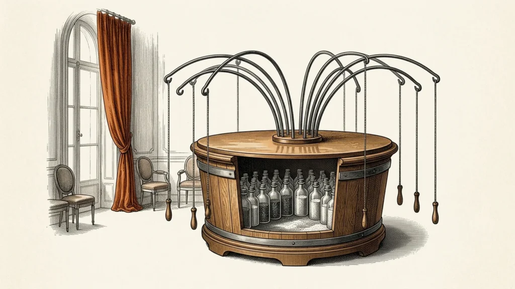 Gravura do baquet de Mesmer em corte com frascos, hastes curvas de ferro e cordas retas com cabos em salão clássico.