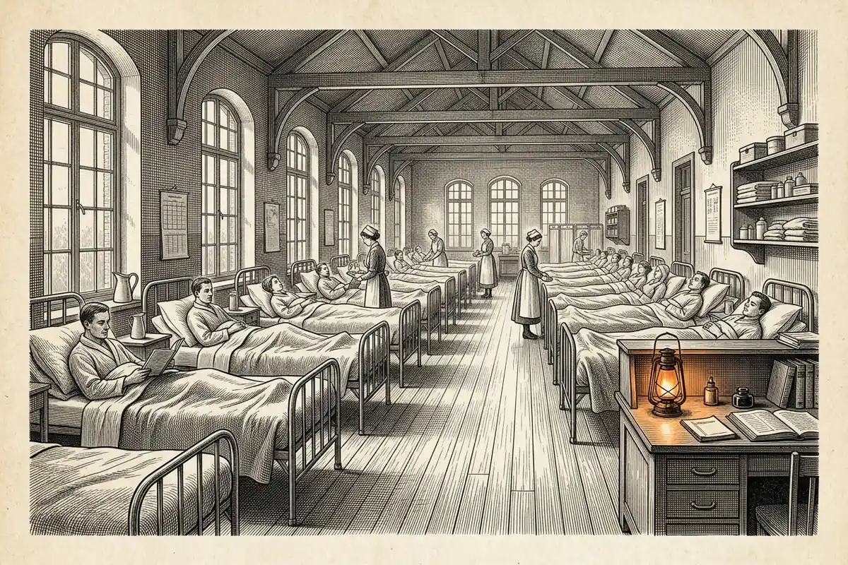 A história completa da hipnose 1 Gravura de enfermaria médica com leitos de ferro sob janelas em arco e lanterna acesa sobre mesa em primeiro plano.