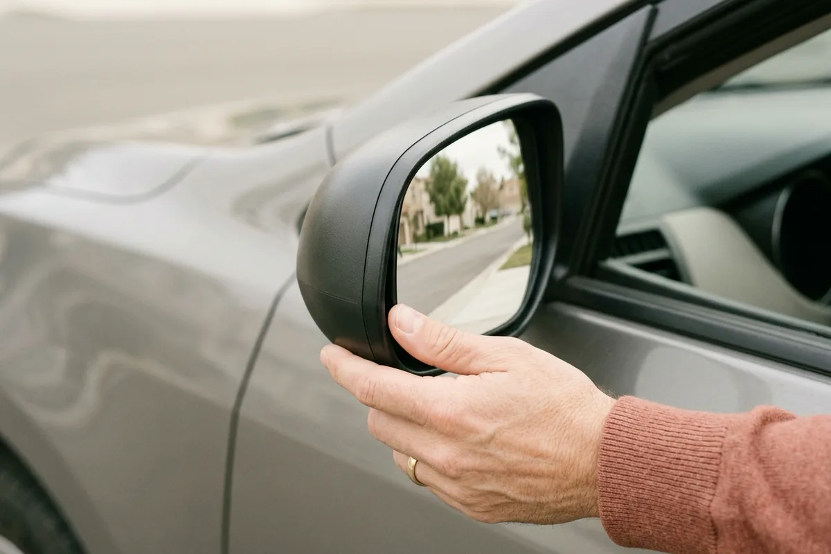 Mão ajusta o retrovisor lateral de um carro estacionado, com rua tranquila refletida no vidro.