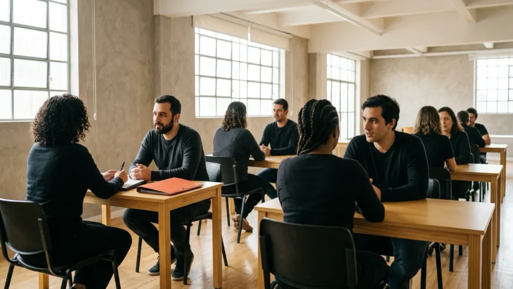 Curso de hipnose: motivos para estudar e critérios para escolher 3 Participantes em duplas praticando observação e diálogo em sala iluminada, com pasta terracota sobre a mesa.