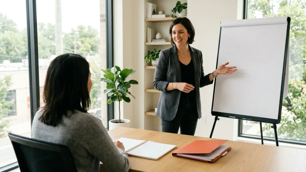 O que é coaching e como funciona 9 Instrutora de pé ao lado de quadro em branco orientando cliente sentado de costas com pasta terracota.