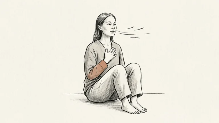 Ilustração mostra uma mulher com a mão no peito soltando o ar com calma.