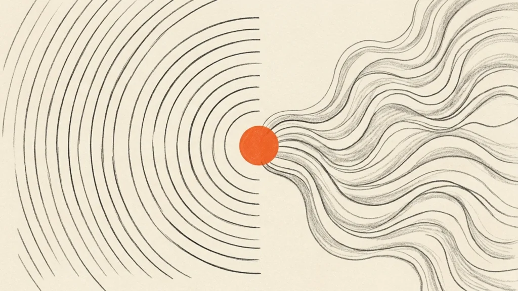 Ilustração conceitual com arcos geométricos à esquerda e ondas fluidas à direita, unidos por círculo alaranjado.