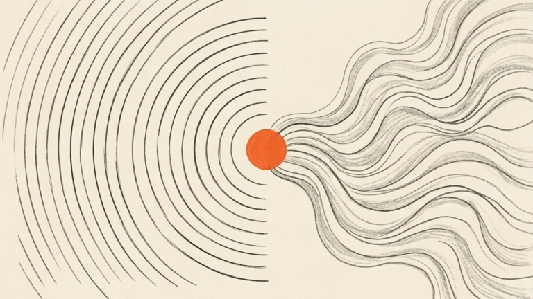 Ilustração conceitual com arcos geométricos à esquerda e ondas fluidas à direita, unidos por círculo alaranjado.