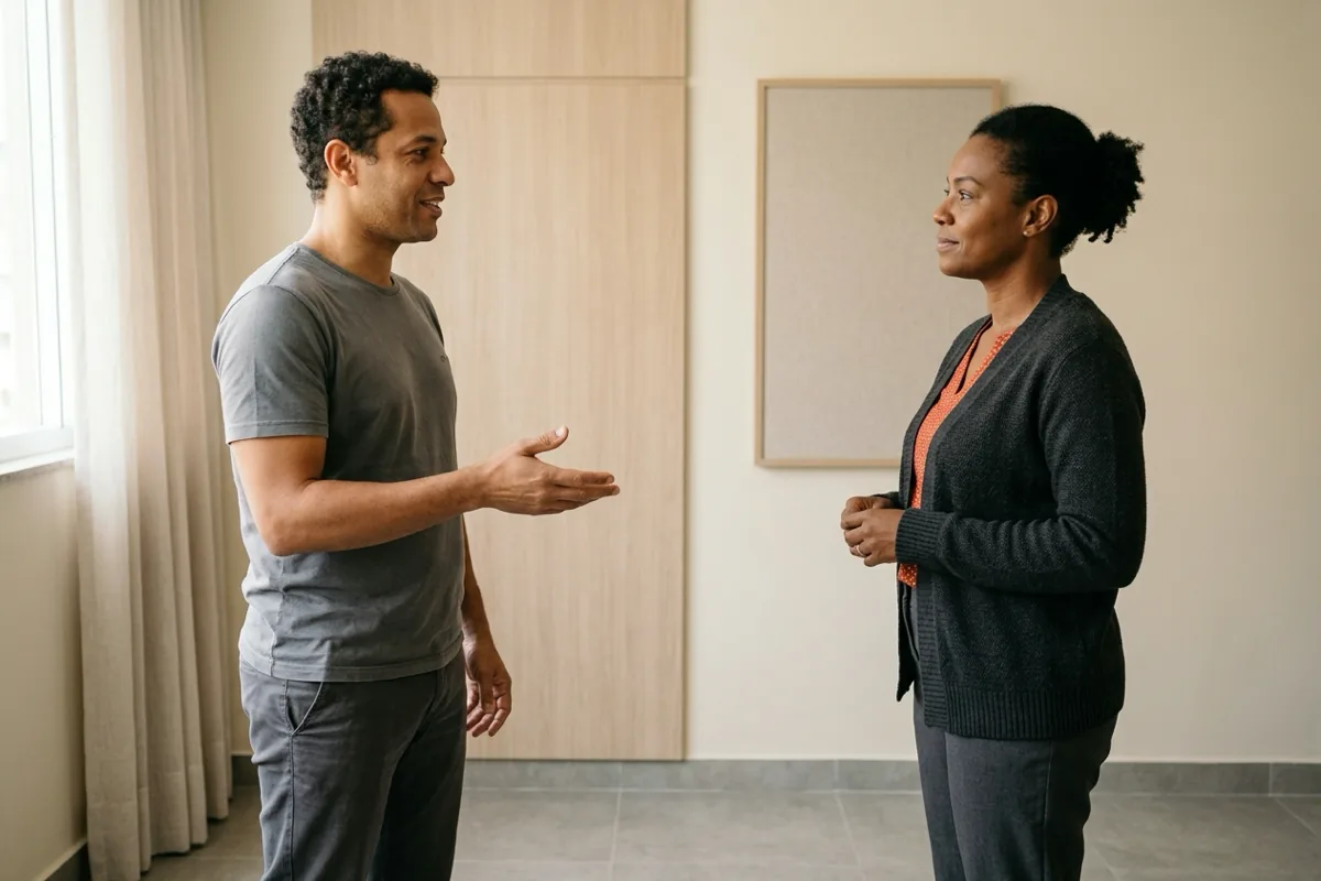 Um homem e uma mulher conversam em pé em uma sala de atendimento.