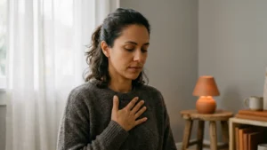 Mulher com a mão pousada sobre o esterno em respiração consciente, com luminária de cerâmica terracota ao fundo.