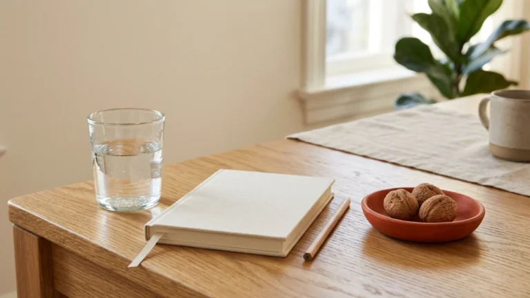 Copo com água sob luz matinal ao lado de caderno fechado e prato cerâmico terracota com nozes inteiras.