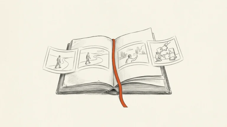 Ilustração de livro aberto com vinhetas narrativas desenhadas emergindo das páginas e fita marcadora terracota.
