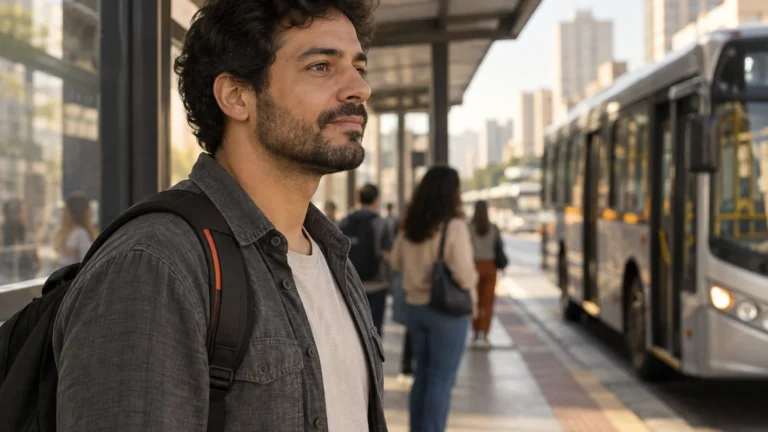 Adulto em uma parada de transporte mantém postura firme durante uma pausa tranquila.